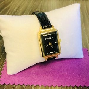 74.) New Austrian Crystal Japanese Movement Watch with Black Faux Leather Strap